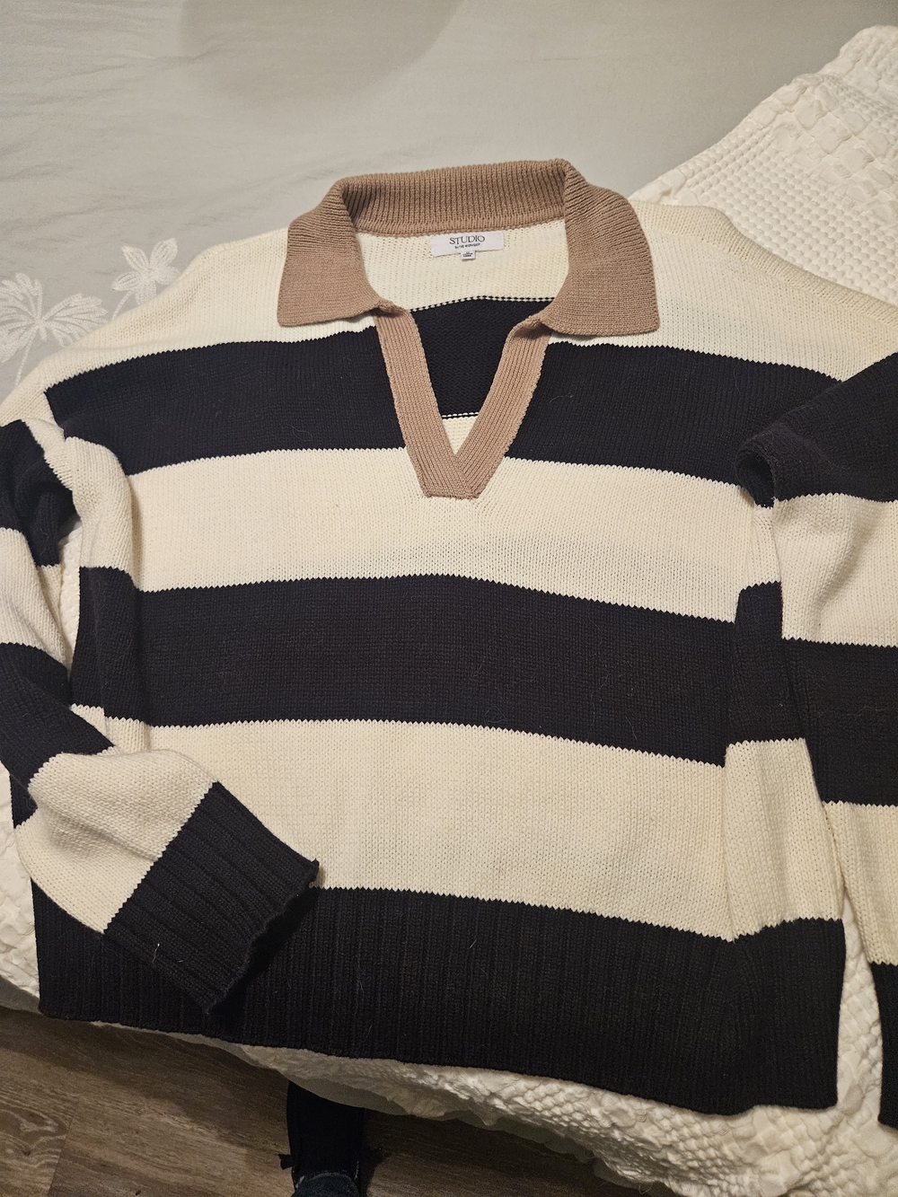 Studio Black & Cream Striped V-Neck Rugby Sweater with Tan Collar